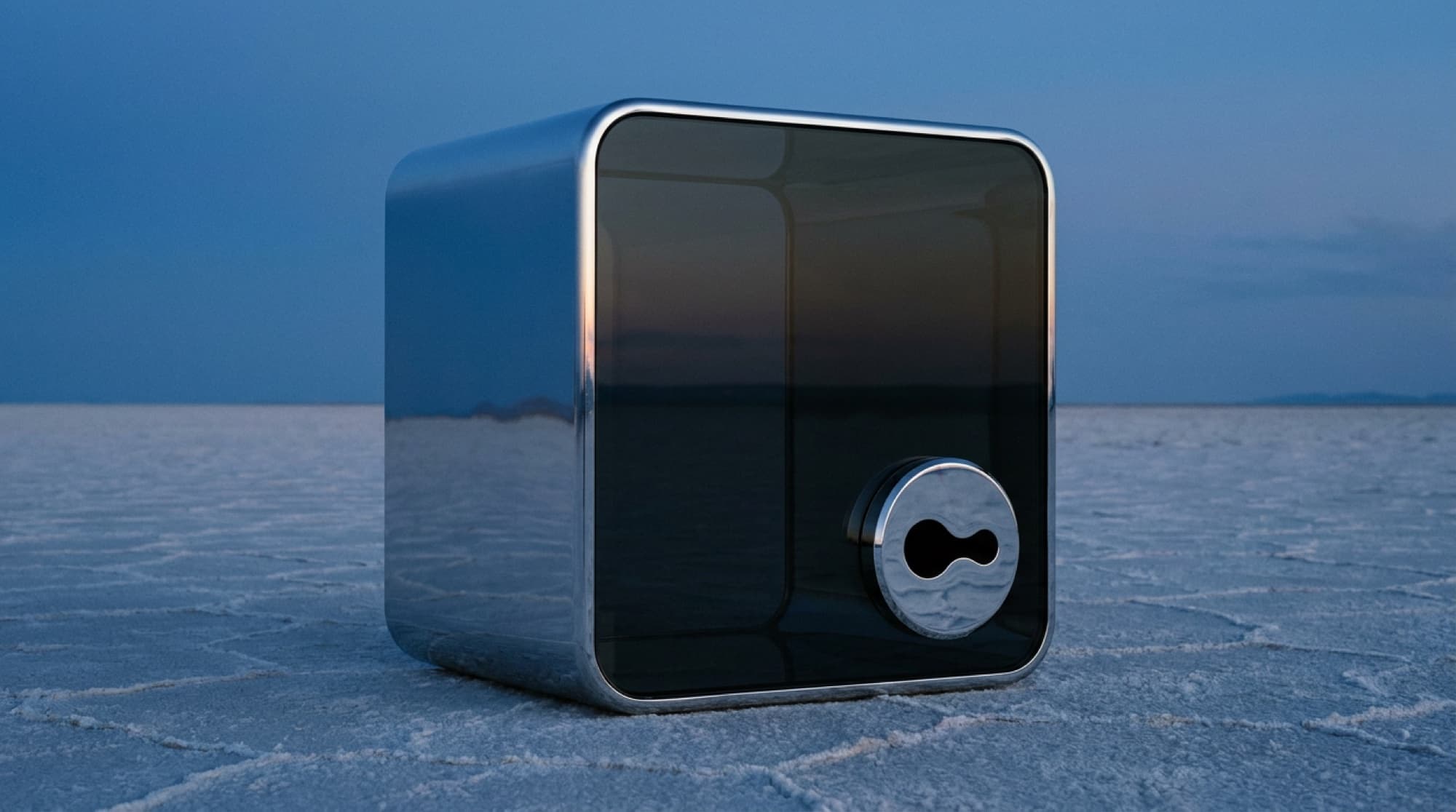 A rounded mirror cube on a salt flat at dusk, its whole front smoked glass with a chrome lock cut with the Skeleton keyhole; inside, agents move along a graph of your context